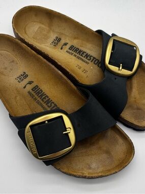 Birkenstock Madrid Big Buckle Women Sandals Nubuck Leather Black Gold EU 38 US 7